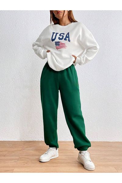 CLAYES USA Flag Tracksuit Set White Sweatshirt GreenJogger - Printed Oversize Ribbed Crew Neck