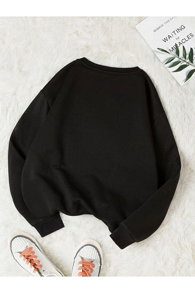 DUBU BUTİK Brooklyn 1631 Sweatshirt - Black Printed Oversize Thick Winter Crew Neck