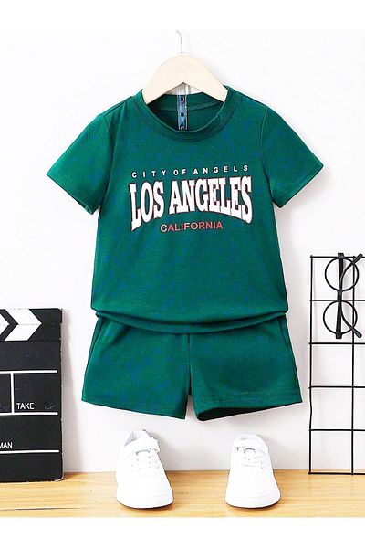 DUBU BUTİK Los Angeles Cıtyofangels Printed Children's Shorts and T-shirt Set - Crew Neck, Nefti Green