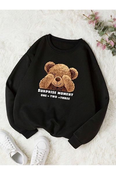 DUBU BUTİK Φούτερ Surprise Bear - Μαύρη στάμπα, χοντρή χειμερινή λαιμόκοψη