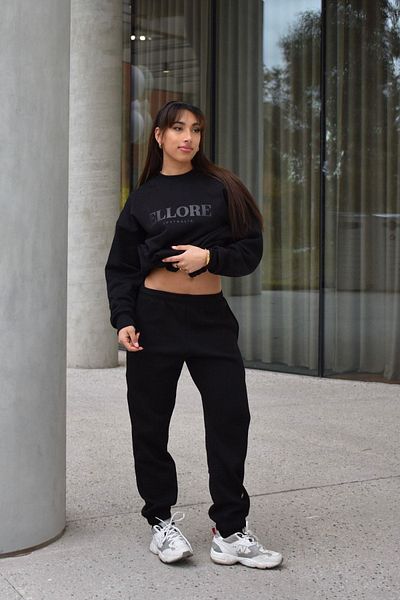 CLAYES Tracksuit Set Sweatshirt Jogger - Black Printed Oversize Raised Crew Neck