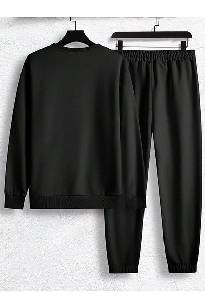 DUBU BUTİK Ανδρικό Σετ Φούτερ Jogger - Μαύρο Oversize Raised Crew Neck