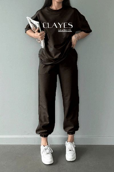 CLAYES Καφέ OvErsizE T-shirt και SwEatpants Set - CrEw NEck, Studio Co PrintEd