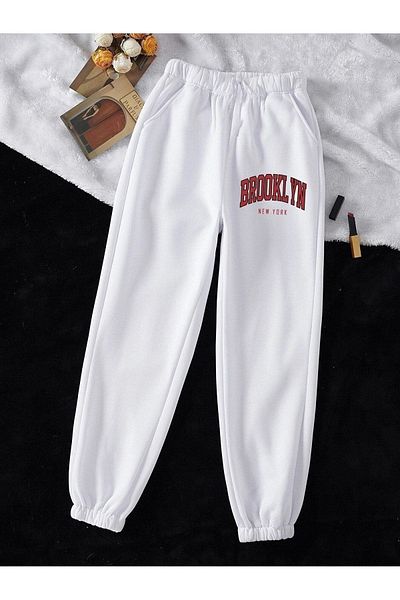 DUBU BUTİK Brooklyn Sweatpants Jogger - Λευκό εμπριμέ λαστιχένιο πόδι ψηλόμεσο