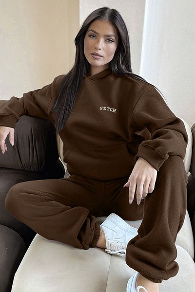CLAYES Σετ αθλητικής φόρμας Fetch Φούτερ Jogger - Καφέ στάμπα Oversize με κουκούλα
