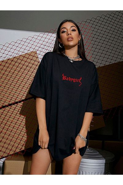 VBSVİBES Women's Black Oversized Baby Girl Printed Knitted T-shirt