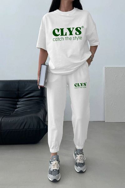 CLAYES Μπλουζάκι Clys Design Sweatpants Jogger- Σετ φόρμας στο κάτω μέρος με λευκή στάμπα Oversize Crew Neck