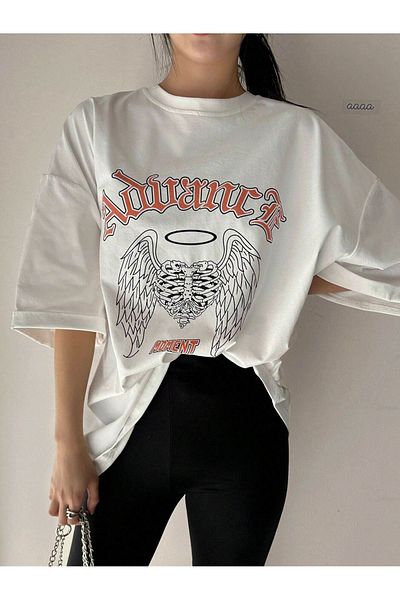 CLAYES Tricou Advance Single Jersey - Tricou cu mânecă scurtă oversize cu mânecă scurtă cu imprimeu alb
