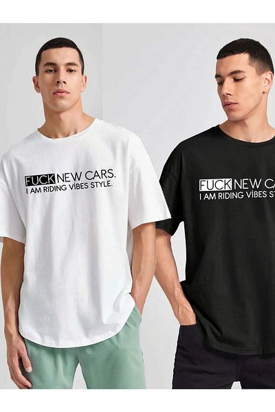 VBSVİBES Πακέτο 2 Μαύρο και άσπρο - Unisex Oversize Collar New Cars εμπριμέ πλεκτό μπλουζάκι