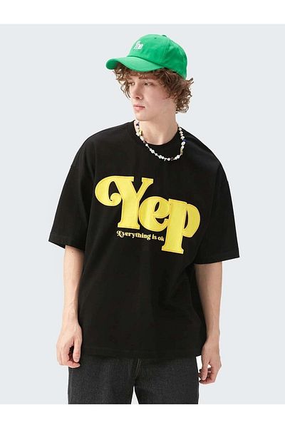 VBSVİBES Men's Black Oversize Yep Printed T-shirt