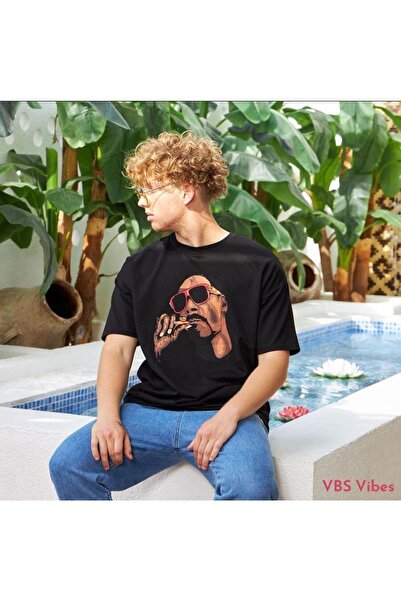 VBSVİBES تي شيرت أسود مطبوع سنوب كبير الحجم للجنسين