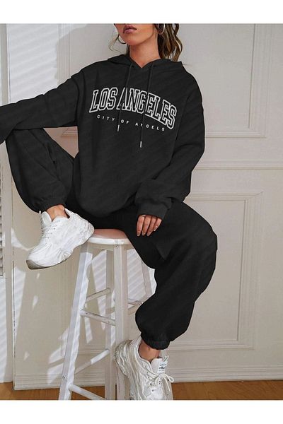 CLAYES Los Angeles Angels Tracksuit Set Sweatshirt Jogger - Black Printed Oversize Hooded