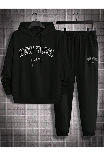 VBSVİBES New York U.S.A Tracksuit Set Sweatshirt Jogger - Black Printed Oversize Drawstring Hoodie