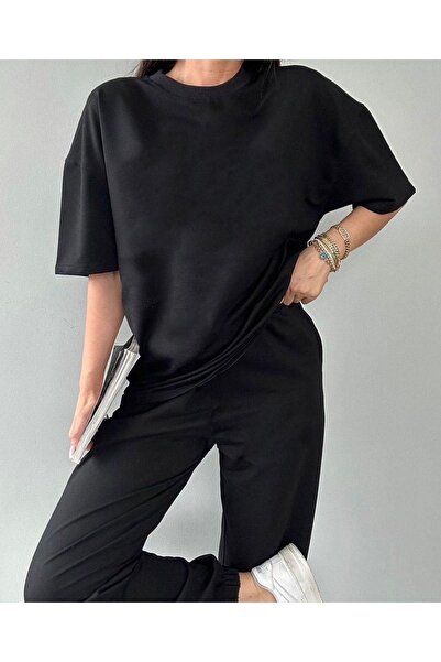 CLAYES Basic T-shirt Eşofman Altı Jogger Siyah Düz Alt Üst Eşofman Takımı Oversize Bisiklet Yaka
