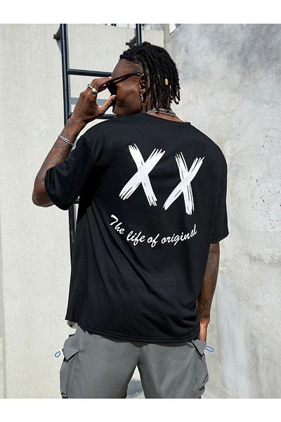VBSVİBES Tricou negru cu imprimeu X Smile oversize pentru bărbați