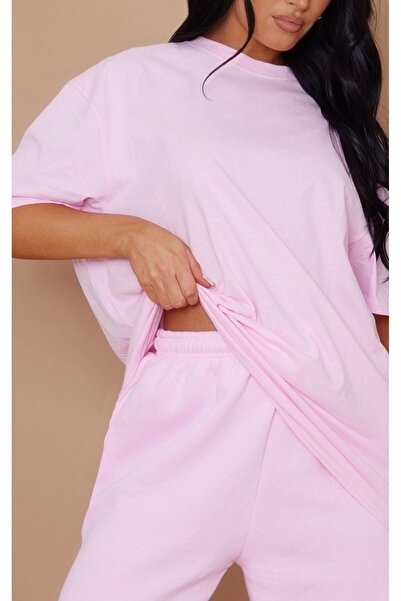 DUBU BUTİK Plain Single Jersey T-Shirt - Pink Oversize Crew Neck Short Sleeve T-Shirt