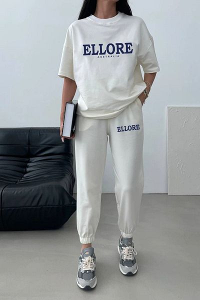 CLAYES Ellore T-shirt Sweatpants Jogger- Λευκή στάμπα στο κάτω μέρος Σετ φόρμας Oversize Crew Neck
