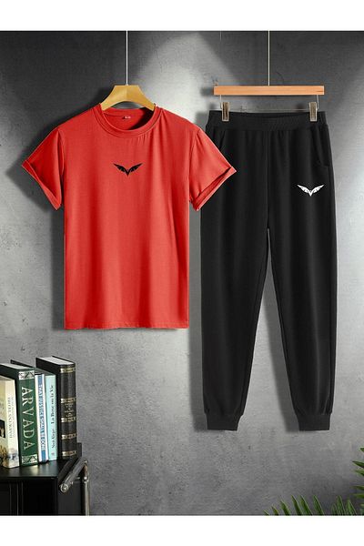 CLAYES Wing Red T-Shirt Μαύρο Sweatpants Jogger - Μπλουζάκι με εμπριμέ στο κάτω μέρος Oversize Crew Neck