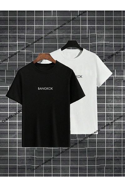 DUBU BUTİK Bangkok Printed 2-Piece T-Shirt Set - Black and White, Oversize, Crew Neck