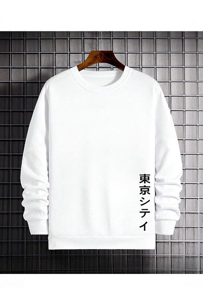 VİBES Unisex White Japanese Printed Oversize Sweatshirt