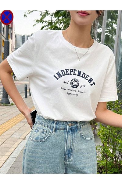 CLAYES Tricou Independent - Mânecă scurtă cu mânecă scurtă supradimensionată cu imprimeu alb