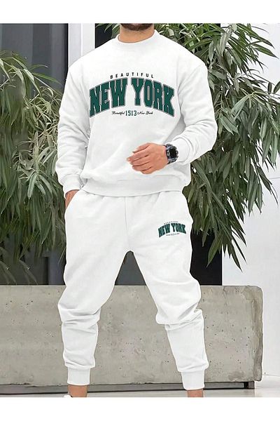 VBSVİBES مجموعة بدلة رياضية جميلة من New York سويت شيرت Jogger - رقبة دائرية مضلعة كبيرة الحجم مطبوعة باللون الأبيض