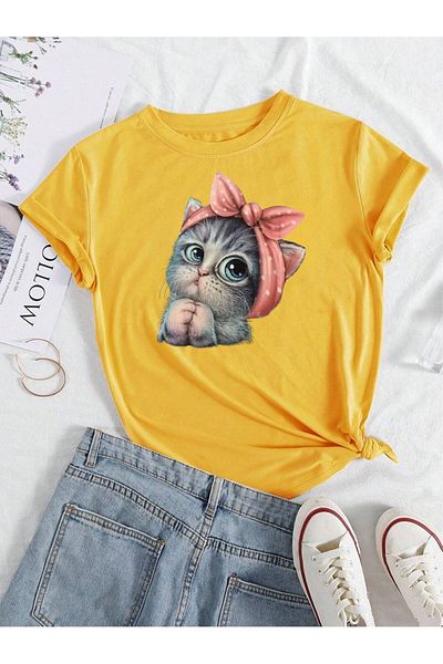 DUBU BUTİK Oversize Yellow Cute Little Cat T-shirt Unisex Comfortable Fit με στάμπα