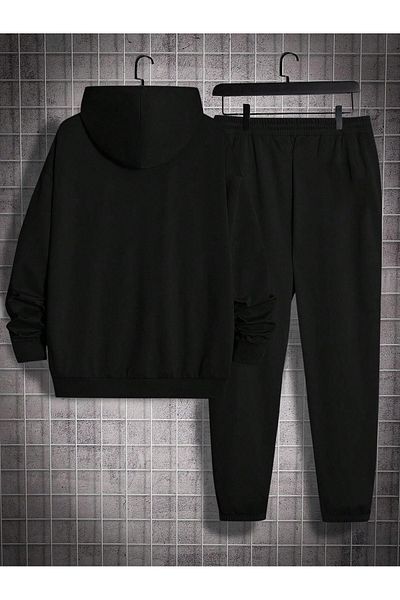 VBSVİBES New York U.S.A Tracksuit Set Sweatshirt Jogger - Black Printed Oversize Drawstring Hoodie