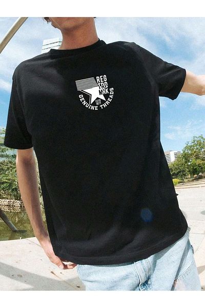 CLAYES Genuine Threads Oversize Black Printed T-shirt - Crew Neck Short Sleeve Comfortable Fit T-Shirt