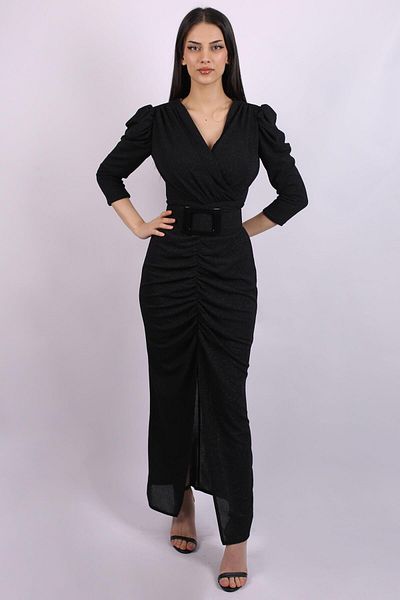 SpringStore Black Pleat Detailed Glitter Evening Dress