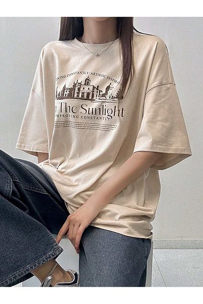 CLAYES The Sunlight Single Jersey T-Shirt - Μπεζ εμπριμέ κοντομάνικο μπλουζάκι με λαιμόκοψη
