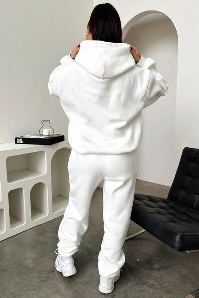 DUBU BUTİK That So Fetch Sweatpants Set Sweatshirt Jogger - White Printed Oversize Raster Hooded