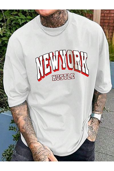 CLAYES Тениска Newyork Hustle Jersey - Бяла тениска с къс ръкав и щампа, голям размер и кръгло деколте
