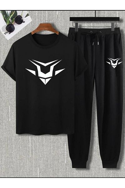 SKYLİGHT Black Oversize Special Design Printed Crew Neck T-Shirt - Black Jogger Sweatpants Set