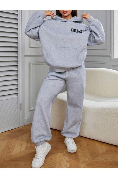 CLAYES East Hampton Tracksuit Set Sweatshirt Jogger - Gray Printed Oversize Hooded