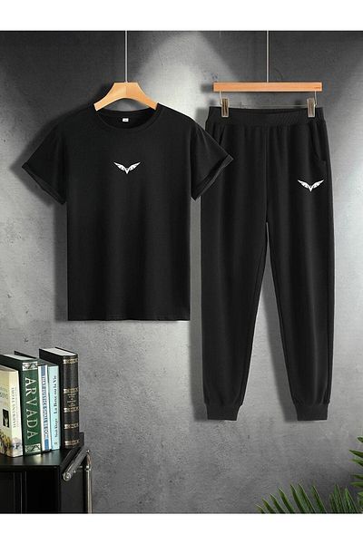 CLAYES Wing T-shirt Sweatpants Jogger - Μαύρο εμπριμέ στο κάτω μέρος Oversize Crew Neck