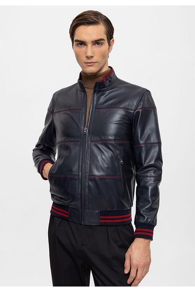 Deriderim Navy Blue Martin Double Sided Inside Burgundy Fabric Zippered Collar Sleeve and Waist Knitwear Men's Genuine Leather Coat