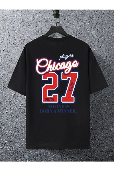 VBSVİBES Unisex Black Oversize 27 Chicago Printed Knitted T-shirt