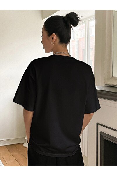 VBSVİBES Γυναικείο Μαύρο Oversize Κλασικό Πλεκτό Μπλουζάκι με στάμπα