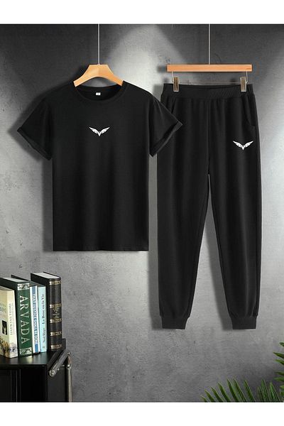 DUBU BUTİK Φτερό μπλουζάκι αθλητική φόρμα κάτω Jogger-μαύρο τύπωμα στο κάτω πάνω μέρος Φούτερ κοστούμι Oversize Crew Neck
