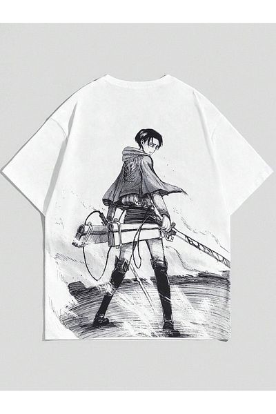 VBSVİBES Unisex Λευκό Oversize Attack On Titan εμπριμέ πλεκτό μπλουζάκι