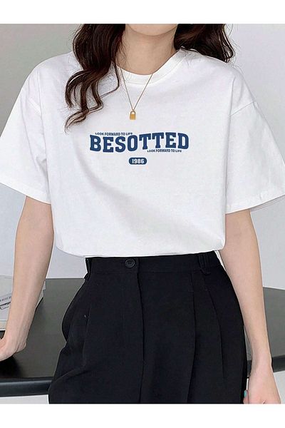 VBSVİBES Unisex White Oversize Besotted Printed Knitted T-shirt