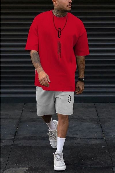 CLAYES Vertical T-Shirt Shorts - Red Gray Bottom Top Combination Shorts T-Shirt Set Printed Oversize Crew Neck