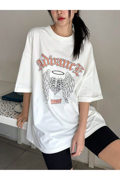 CLAYES Tricou Advance Single Jersey - Tricou cu mânecă scurtă oversize cu mânecă scurtă cu imprimeu alb