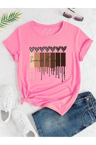 CLAYES Leopard Pattern Hearts Single Jersey T-Shirt - Pink Printed Oversize Crew Neck Short Sleeve T-Shirt