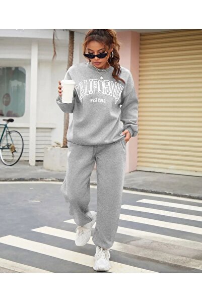 VBSVİBES Сірий каліфорнійський комплект Esofman з білим принтом з вирізом горловини