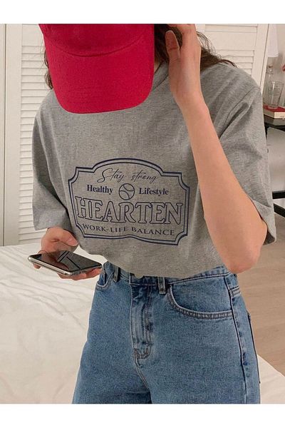 DUBU BUTİK Μπλουζάκι Hearten Single Jersey - Μπλουζάκι με κοντό μανίκι με γκρι στάμπα oversize με λαιμόκοψη