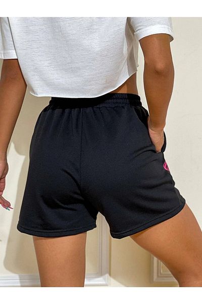 DUBU BUTİK Ejder Short Shorts Black Combed Cotton Printed Cord