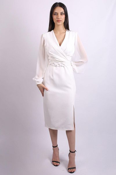 SpringStore Rochie de seara din crepon din sifon cu maneci ecru