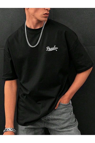 CLAYES Popular Single Jersey T-Shirt - Black Printed Oversize Crew Neck Short Sleeve T-Shirt